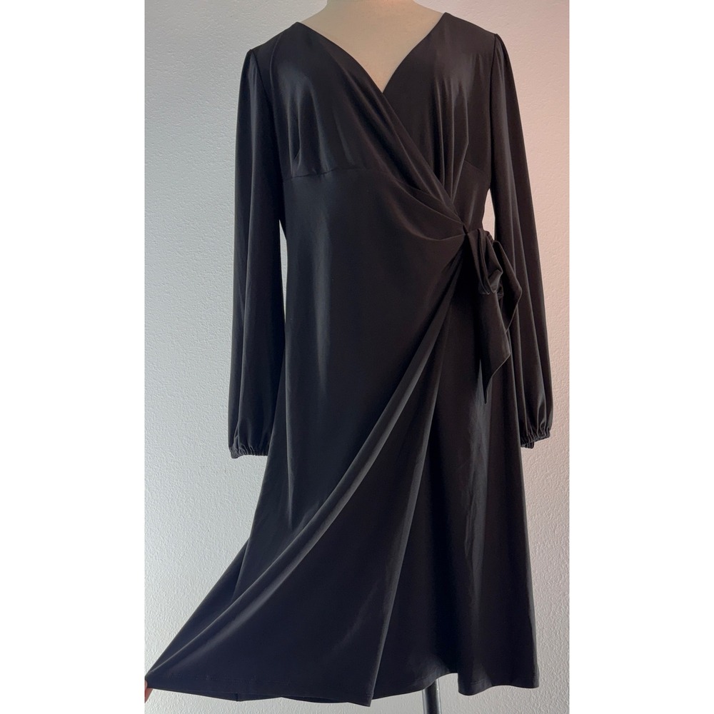 Lauren Ralph Lauren Black Faux Wrap Dress Solid Career Cocktail Preppy Size 12